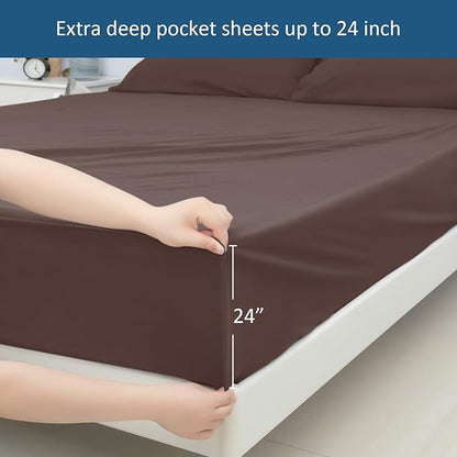 Deep Pocket Twin Sheets Set for Kids Air Mattress - Extra Deep Pocket Twin Sheet Sets - 3Pcs Side Storage Pocket Fitted Sheet & Pillowcases Easily Fits 16in to 24in Pillow Top Bed Mattress - Brown