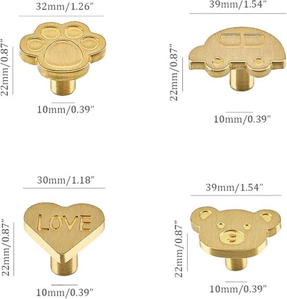 4Pcs Brass Knobs for Kids Cute Decorative Handles for Boys and Girls (Heart)