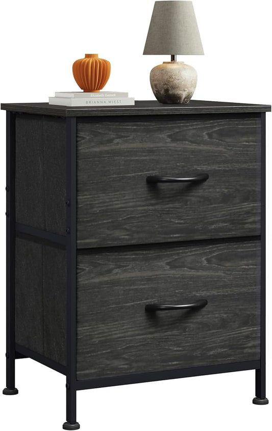 WLIVE Night Stand, Small Dresser with Drawers, Dresser for Bedroom with 2 Fabric Drawer, Black Bedside Table End Table, Dorm Nightstand, Closet Organizer, Charcoal Black Wood Grain Print