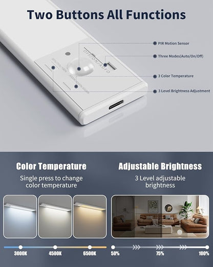 FBY Under Cabinet Lighting,1800mAh USB Rechargeable Closet Light, 8-Inch LED Motion Sensor Indoor, 3-Level Adjustable Brightness and 3 Color Temperature Options (3Pack)