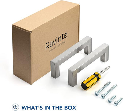 Ravinte 10 Pack Brushed Nickel Kitchen Cabinet Handles 3-3/4 Inch Cabinet Pulls Square Kitchen Hardware for Cabinet Drawer Pulls Drawer Handles Come with Screwdriver