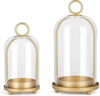 Versatile Metal Candle Holder Set with Handmade Glass Dome,Antique Brass Pillar Candle Stand, 5.2" & 4.1" Wide for Tabletop or Hanging, Industrial & Farmhouse Decor