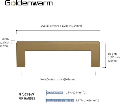 goldenwarm 5 Pack Champagne Bronze Cabinet Pulls Bronze Drawer Pulls 4 Inch Kitchen Cabinet Handles Champagne Gold Drawer Handles T Bar Square Hardware for Kitchen Bedroom Cupboard, 102mm Hole Center