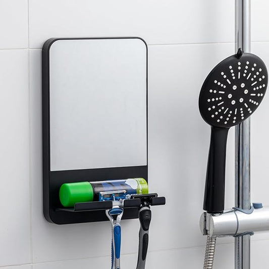 TAILI Shower Mirror Fogless Suction, Shaving Mirror with Razor Holder, Fog Free with Storage Tray, Rust-Proof, Shatterproof, Removable, Bathroom & Shower Accessories, Black