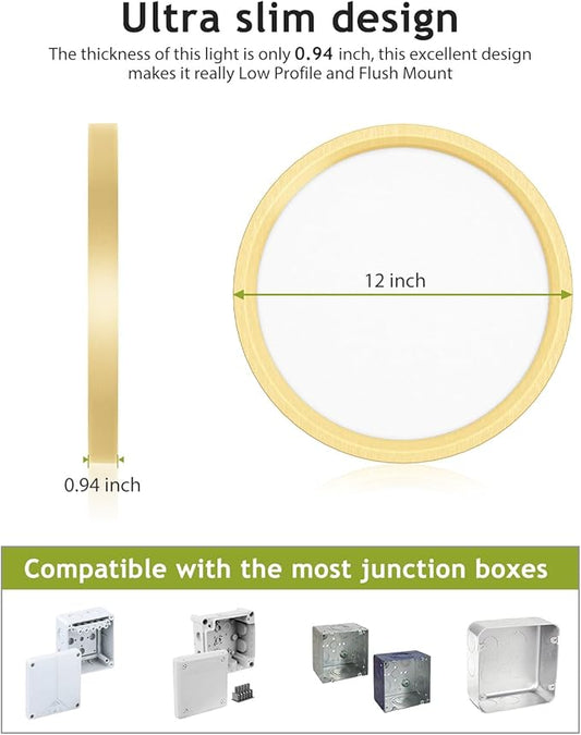 hepside 2PACK Flush Mount LED Ceiling Light Fixture Golden, 12Inch 28W, Dimmable 3000K-4500K-6000K 3 Color Selectable Ceiling Lamp 3200LM Low Profile Ceiling Light for Kitchen Bedroom Hallway