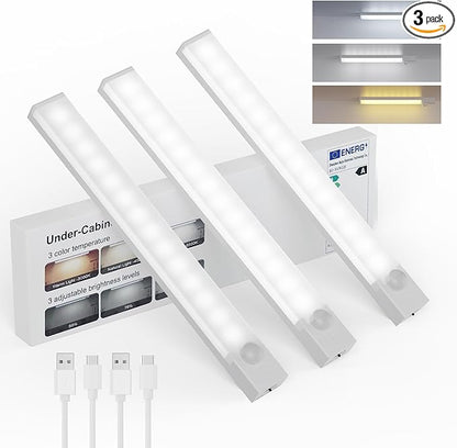 Under Cabinet Lighting 8 Inches Rechargeable Motion Sensor Light Indoor, 3 Color Dimmable Closet Light Battery Operated, USB Stick on LED Magnetic Under Counter Lights for Kitchen Stair, 3 Packs