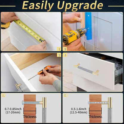 Knurled Cabinet Pulls 12 Pack, 3.5 Inch Long Cabinet Handles Metal Door Pulls, Kitchen Drawer Pull Knurled Dresser Handles - 2 1/2" Hole to Hole, Grey & Gold