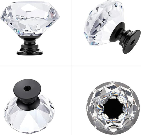 Ravinte 30 Pack Crystal Knobs for Dresser Drawers - 30 mm Glass Cabinet Diamond Shaped Knobs With Black Base