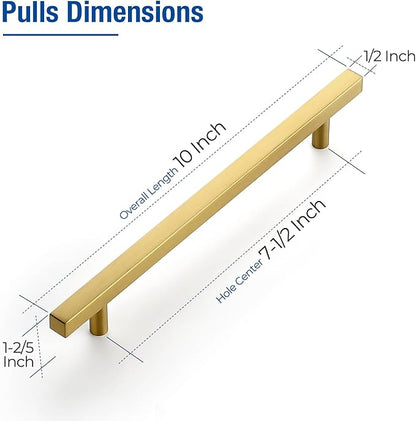 JOY DECOR 10 Pack 7-1/2 Inch Brushed Brass Square Cabinet Handles Stainless Steel Cabinet Hardware Pulls for Kitchen and Drawers with 10 Inch Overall Length