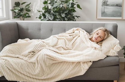 Cuddly Twin Size Blanket, Fluffy Fleece, Warm & Soft with Striped Pattern, 66x90 Inches, Cream