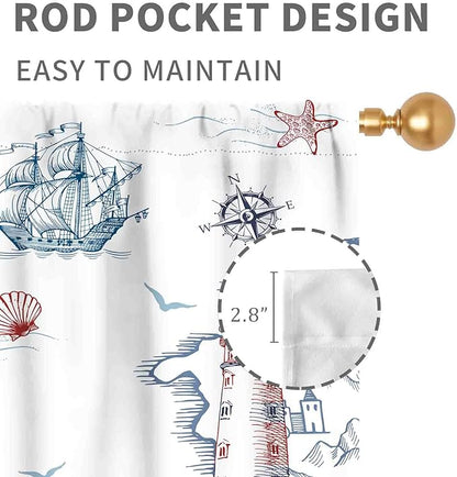 Nautical Curtains, Vintage Marine Coastal Sailboat Compass Anchor Ocean Beach Lighthouse Watercolor Blue Decorative Drapes for Bedroom Living Room Kitchen Bathroom Window 2 Panels, 55"x63" Inch