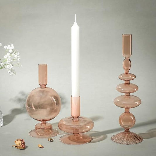Rtteri 3 Pcs Glass Candlestick Holders Glass Candle Holders Groovy Wavy Elegant Taper Candle Stick for Wedding Home Birthday Party Christmas Halloween Decoration Windowsill Decor(Light Brown)