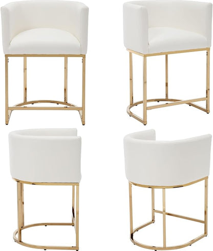 Modern Counter Height PU Leather Upholstered Bar Stools Set of 2, 24" Kitchen Counter Island Stools Bar Chairs with Gold Metal Frame, White