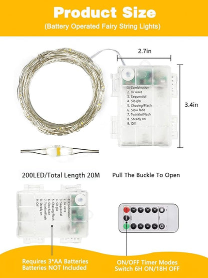 2 Pack 200LED Christmas Battery Operated Fairy Lights with Remote, 8 Modes String Light with Timer, Dimmable, Memory Function, Waterproof Twinkle Lights for Outdoor Indoor Christmas Decor(Warm White)