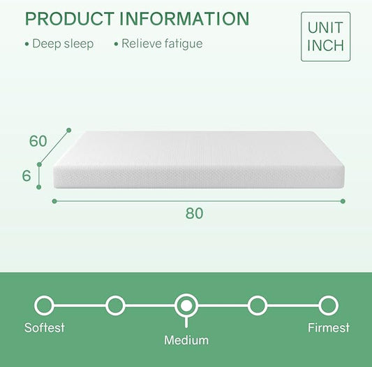 Queen Size Mattress,Fiberglass Free 6 Inch Green Tea Cooling Gel Memory Foam Mattress in a Box,Medium-Firm,Pressure Relief&Temperature Regulation,CertiPUR-US Certified,White