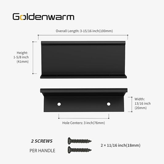 goldenwarm 100 Pack Black Finger Edge Pulls Drawer Finger Pulls Matte Black Kitchen Hardware Handles Bedroom Dresser Drawers,3in Hole Center