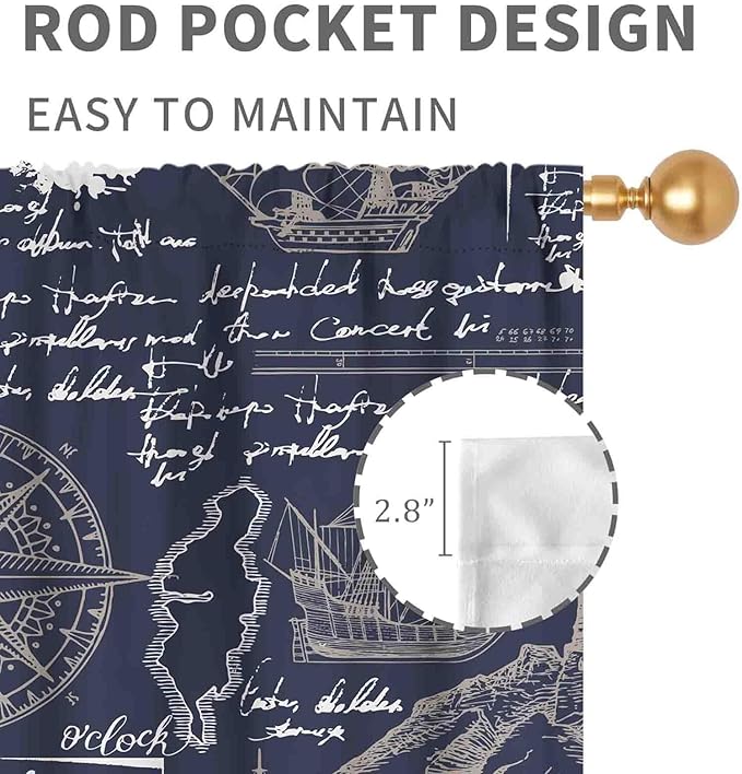 Vintage Nautical Curtains, Marine Coastal Sailboat Compass Anchor Ocean Beach Old Pirate Map Navy Blue Blackout Retro Drapes for Bedroom Living Room Kitchen Bathroom Window 2 Panels, 42"x54" Inch