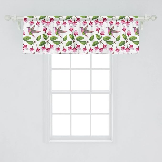 Lunarable Hummingbird Window Valance Pack of 2, Retro Arrangement Exotic Animal Pattern Needlework Inspired Illustration, Rod Pocket Curtain Valances for Kitchen Bedroom, 54" X 18", Pink Green