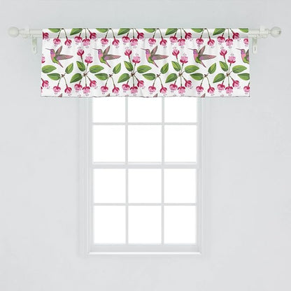 Lunarable Hummingbird Window Valance Pack of 2, Retro Arrangement Exotic Animal Pattern Needlework Inspired Illustration, Rod Pocket Curtain Valances for Kitchen Bedroom, 54" X 18", Pink Green