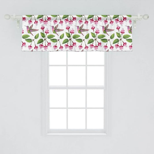 Lunarable Hummingbird Window Valance Pack of 2, Retro Arrangement Exotic Animal Pattern Needlework Inspired Illustration, Rod Pocket Curtain Valances for Kitchen Bedroom, 54" X 18", Pink Green