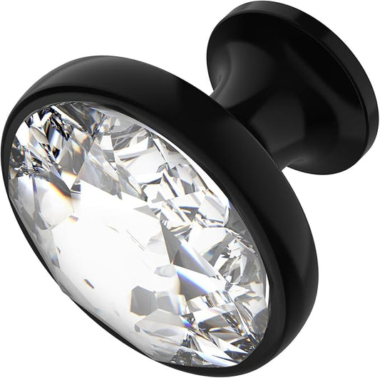 Alzassbg 6 Pack Clear Crystal with Matt Black Base Cabinet Knobs, 1-3/8 Inch (35mm) Diameter Cabinet Hardware Round Crystal Knobs for Drawers AL1011MB