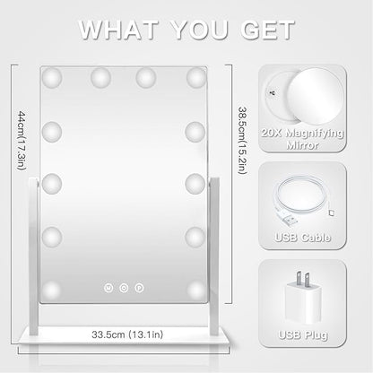 HIEEY Hollywood Makeup Mirror with 12 Dimmable Bulbs Lights, Three Color Lighting Modes, with 4in 20X Magnification Mirror, Smart Touch Control, 360°Rotation (White,Gift Box)
