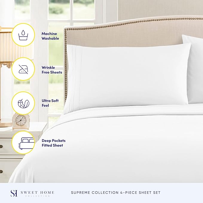 Queen Size Bed Sheets - Breathable Luxury Sheets with Full Elastic & Secure Corner Straps Built In - 1800 Supreme Collection Soft Deep Pocket Bedding, Sheet Set, EXTRA DEEP pocket - Queen, White