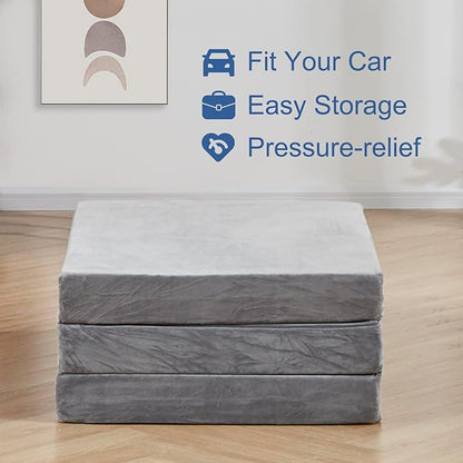 SINWEEK 4" Cot Memory Foam Folding Mattress with Storage Bag - Foldable Trifold Floor Bed Topper, CertiPUR-US Certified Guest Sleeping Pad, Machine Washable Cover