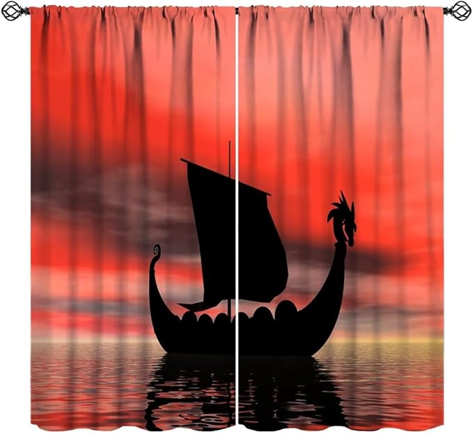 Viking Ship Curtains, Fantasy Ocean Vintage Sailboat at Sundown Nautical Themed Print Blackout Window Treatments for Boys Bedroom Living Room 72x63in