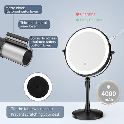 Nicesail 8” Desk Mirror with Light Dimmable 3 Colors Lighting, Magnifying Mirror with Lights and 1X/7X Magnification Makeup Vanity Mirror with Lights, Makeup Mirror for Home Hotel Desktop, Black 7X