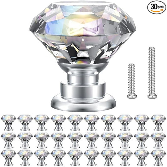 POZEAN Crystal Cabinet Knobs 30Pack, 1.18inch Dresser Knobs for Cabinet, Drawer with Two Different Sizes Screws, Diamond Glass Pulls Handles (30mm, 30Pack, Clear-Silver)
