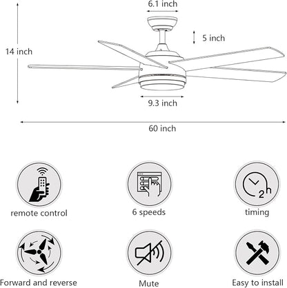 YUHAO 60 Inch Black Ceiling Fan with Light and Remote Control.Noiseless,Dimmable,3CCT,6 Speeds Reversible, DC Ceiling Fans for Indoor or Covered Outdoor
