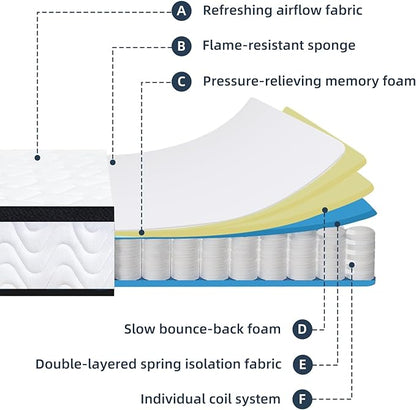 Queen Mattress 10 Inch | Queen Size Hybrid Mattresses in a Box | Medium Firm Feel Memory Foam and Individual Pocket Springs | Fiberglass Free Bed Matress | Breathable | CertiPUR-US | Upgrade