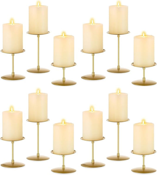 Pillar Candle Holders Candelabra Gold - Set of 12 Bulk Candle Stand Iron Plate Minimalism Modern Home Mantel Dinning Table Decorations Centerpiece for Wedding, Party, Housewarming, Events