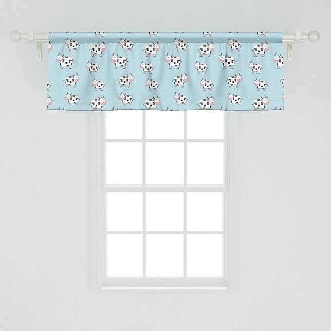 Lunarable Cows Window Valance Pack of 2, Repetitive Animal in Cartoon Style Farm Creatures, Rod Pocket Curtain Valances for Kitchen Bedroom, 54" X 18", Blue Pink