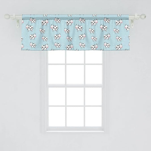 Lunarable Cows Window Valance Pack of 2, Repetitive Animal in Cartoon Style Farm Creatures, Rod Pocket Curtain Valances for Kitchen Bedroom, 54" X 18", Blue Pink