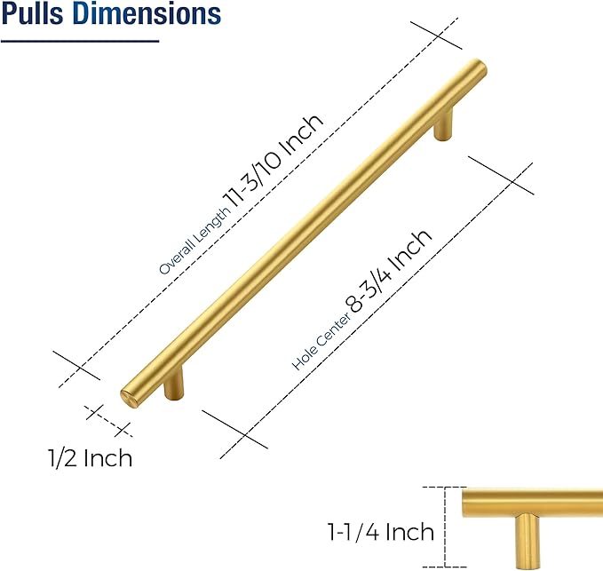 JOY DECOR 5 Pack Cabinet Handles, Gold Cabinet Pulls, 8-3/4 in Hole Center Kitchen Cabinet Handles, Stainless Steel T Bar Handles for Dresser Drawers