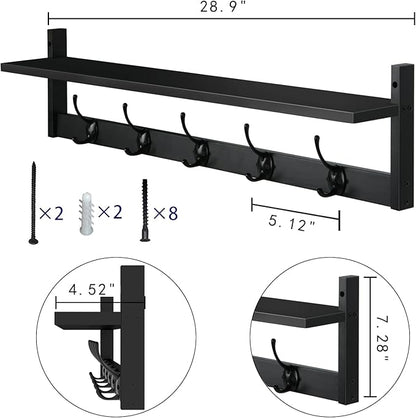 AMBIRD Wall Hooks with Shelf Entryway Hanging Wood Coat Hooks with Shelf Wall-Mounted Coat Hook Rack with 5 Dual Hooks for Bathroom, Living Room, Bedroom (Stylish)