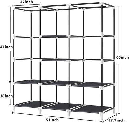 Portable Closet, 51 Inch Wardrobe Closet for Hanging Clothes with 2 Hanging Rods, 8 Storage Organizer Shelves for Bedroom, Durable and Easy to Assemble, Grey
