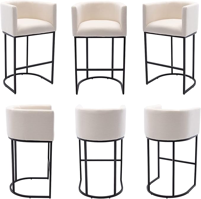 Modern Counter Height Linen Upholstered Bar Stools Set of 2, 32" Kitchen Counter Island Stools Bar Chairs with Black Metal Frame for Kitchen Island, Cream