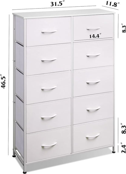 WLIVE Fabric Dresser for Bedroom with 10 Drawers, Tall Chest of Drawers, White Dressers Bedroom Furniture, Storage Organizer Unit with Bins for Closet, Hallway, Living Room, Entryway