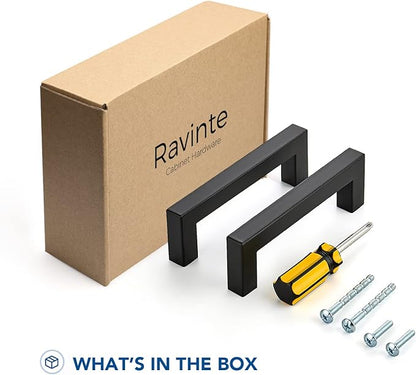 Ravinte 3 Pack Black Cabinet Pulls 3-3/4 Inch Square Kitchen Cabinet Handles Matte Black Kitchen Hardware for Drawer Pulls Drawer Handles Come with Screwdriver
