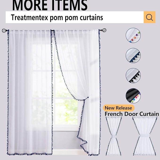 Treatmentex Pompom Sheer White Curtains for Living Room Kid's Room 72" Window Voile Drapes Slub Linen Texture Bedroom Curtains 2 Pack Rod Pocket