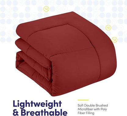 Sweet Home Collection 7 Piece Comforter Set Bag Solid Color All Season Soft Down Alternative Blanket & Luxurious Microfiber Bed Sheets, Red, Queen