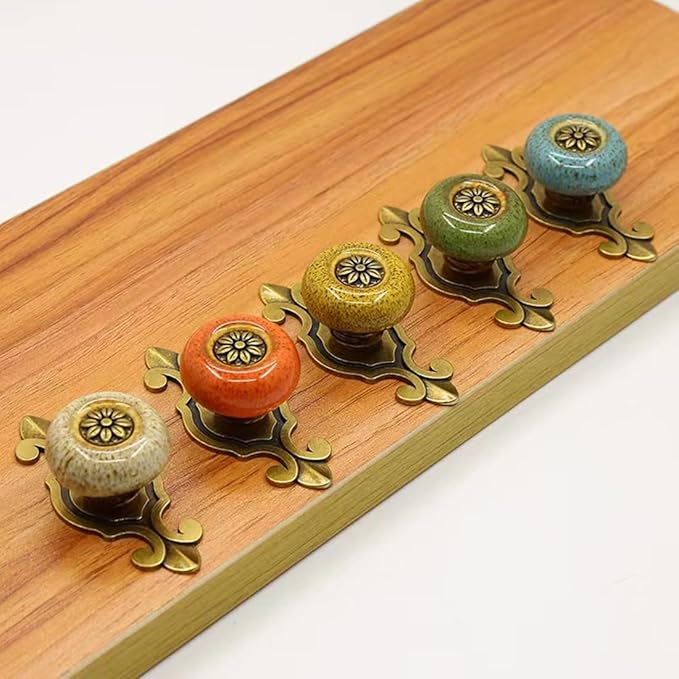 5 Pack Retro Ceramic Knobs,Vintage Dresser Kitchen Petal Cabinet Pulls Rustic Zinc Alloy Base Back Plate Kid Cupboard Wardrobe Drawer Door Handles (Leopard Print Green)
