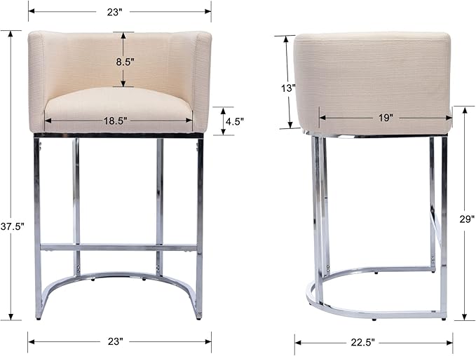 Modern Counter Height Linen Upholstered Bar Stool, 29" Kitchen Counter Island Stool Bar Chairs with Chrome Finish Metal Frame for Kitchen Island, Cream