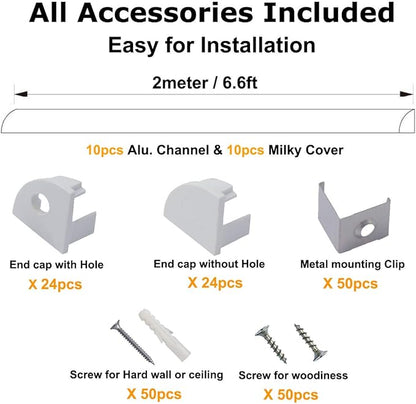 hunhun 10-Pack 6.6ft/ 2Meter V Shape LED Aluminum Channel System with Milky Cover, End Caps and Mounting Clips, Aluminum Profile for LED Strip Light Installations, Very Easy Installation
