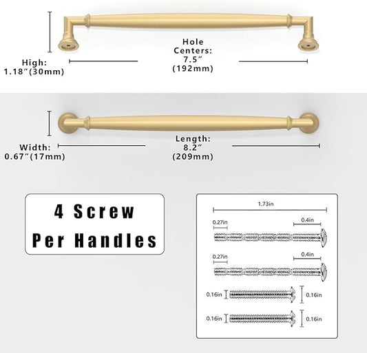 10 Pack Brushed Gold Cabinet Pulls 7.5 Inch(192mm) Kitchen Cabinet Handles Solid Zinc Alloy Cabinet Hardware Drawer Pulls