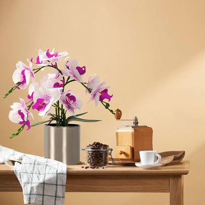 LESING Artificial Orchid Flower with Vase Realistic Orchids Faux Flower Fake Orchid Bonsai Plants in Pot Arrangement for Home Wedding Party Dining Table Centerpiece Decor (White Purple,Silver Vase)