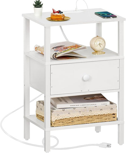 Lerliuo Nightstand with Charging Station and USB Ports, 3-Tier Storage End Table with Drawer Shelf, Night Stand for Small Spaces, Wood Bedside Table for Living Room, Bedroom - Elegant White